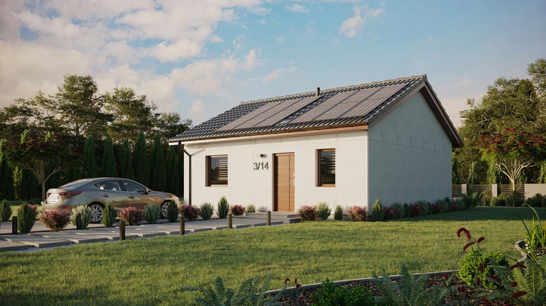 Projekt ERDOL 1 - Wersja lewa (salon po lewej stronie) - Dwuspadowy bez poddasza użytkowego – kąt nachylenia 25 stopni - Świetlik dachowy - Okno balkonowe w jadalni - Bez styropianu, siatki i kleju - Orzech - Instalacja fotowoltaiczna 4,8 kWp (12 paneli)