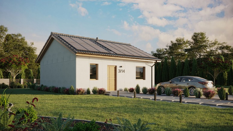 Projekt ERDOL 1 - Wersja prawa (salon po prawej stronie) - Dwuspadowy bez poddasza użytkowego – kąt nachylenia 25 stopni - Świetlik dachowy - Okno balkonowe w jadalni - Bez styropianu, siatki i kleju - Winchester - Instalacja fotowoltaiczna 6,4 kWp (16 paneli)