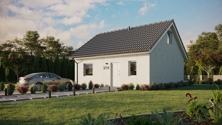 Projekt ERDOL 1 - Wersja lewa (salon po lewej stronie) - Dwuspadowy z poddaszem użytkowym – kąt nachylenia 35 stopni - Bez okien/świetlików dachowych - Okna standardowe - Bez styropianu, siatki i kleju - Biały - Bez instalacji fotowoltaicznej