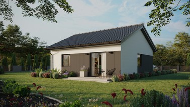 Projekt ERDOL 1 - Wersja lewa (salon po lewej stronie) - Dwuspadowy bez poddasza użytkowego – kąt nachylenia 25 stopni - Bez okien/świetlików dachowych - Okna standardowe - Styropian, siatka i klej - Antracyt - Bez instalacji fotowoltaicznej