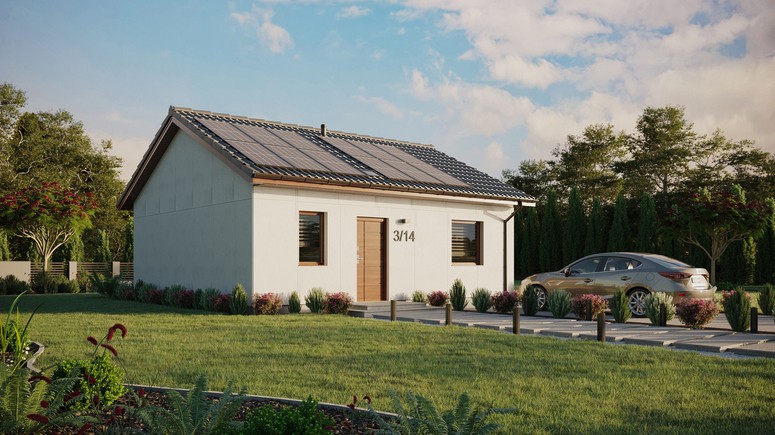 Projekt ERDOL 1 - Wersja prawa (salon po prawej stronie) - Dwuspadowy bez poddasza użytkowego – kąt nachylenia 25 stopni - Świetlik dachowy - Okna standardowe - Bez styropianu, siatki i kleju - Orzech - Instalacja fotowoltaiczna 4,8 kWp (12 paneli)