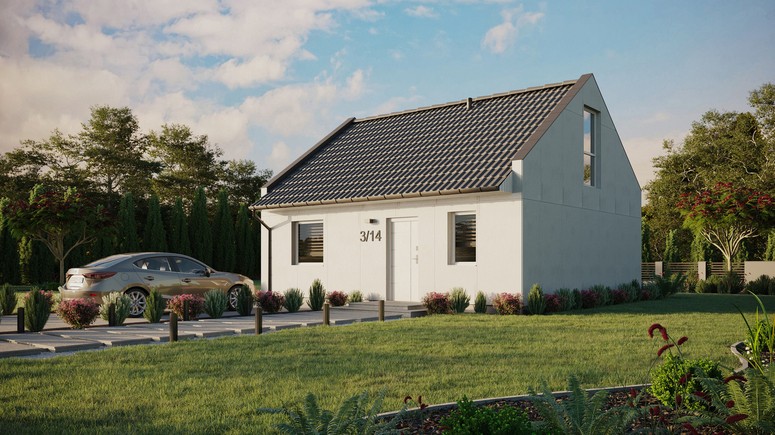 Projekt ERDOL 1 - Wersja lewa (salon po lewej stronie) - Dwuspadowy nowoczesny z poddaszem użytkowym – kąt nachylenia 35 stopni - Bez okien/świetlików dachowych - Okno balkonowe w jadalni i okna na poddaszu do podłogi - Bez styropianu, siatki i kleju - Biały - Bez instalacji fotowoltaicznej