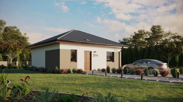 Projekt ERDOL 1 - Wersja prawa (salon po prawej stronie) - Czterospadowy bez poddasza użytkowego – kąt nachylenia 25 stopni - Świetlik dachowy - Okna standardowe - Styropian, siatka i klej - Orzech