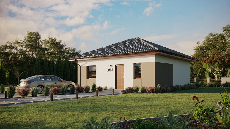 Projekt ERDOL 1 - Wersja lewa (salon po lewej stronie) - Czterospadowy bez poddasza użytkowego – kąt nachylenia 25 stopni - Świetlik dachowy - Okna standardowe - Styropian, siatka i klej - Orzech