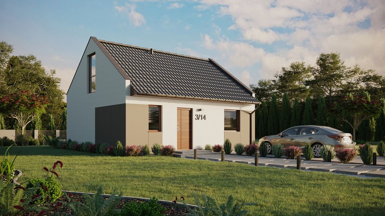 Projekt ERDOL 1 - Wersja prawa (salon po prawej stronie) - Dwuspadowy nowoczesny z poddaszem użytkowym – kąt nachylenia 35 stopni - Bez okien/świetlików dachowych - Okno balkonowe w jadalni i okna na poddaszu do podłogi - Styropian, siatka i klej - Orzech - Bez instalacji fotowoltaicznej