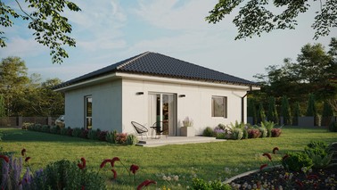 Projekt ERDOL 1 - Wersja prawa (salon po prawej stronie) - Czterospadowy bez poddasza użytkowego – kąt nachylenia 25 stopni - Bez okien/świetlików dachowych - Okno balkonowe w jadalni - Bez styropianu, siatki i kleju - Biały