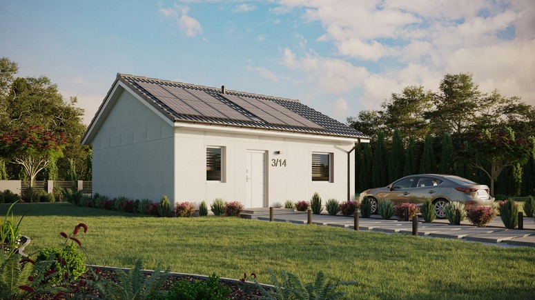 Projekt ERDOL 1 - Wersja prawa (salon po prawej stronie) - Dwuspadowy bez poddasza użytkowego – kąt nachylenia 25 stopni - Świetlik dachowy - Okna standardowe - Bez styropianu, siatki i kleju - Biały - Instalacja fotowoltaiczna 4,8 kWp (12 paneli)