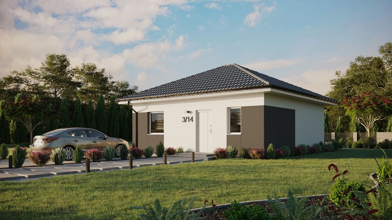 Projekt ERDOL 1 - Wersja lewa (salon po lewej stronie) - Czterospadowy bez poddasza użytkowego – kąt nachylenia 25 stopni - Bez okien/świetlików dachowych - Okno balkonowe w jadalni - Styropian, siatka i klej - Biały