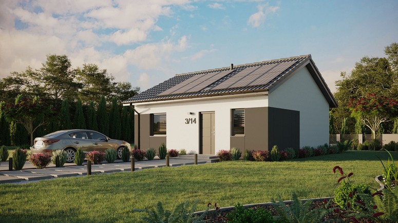 Projekt ERDOL 1 - Wersja lewa (salon po lewej stronie) - Dwuspadowy bez poddasza użytkowego – kąt nachylenia 25 stopni - Świetlik dachowy - Okna standardowe - Styropian, siatka i klej - Antracyt - Instalacja fotowoltaiczna 4,8 kWp (12 paneli)