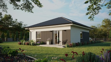 Projekt ERDOL 1 - Wersja lewa (salon po lewej stronie) - Czterospadowy bez poddasza użytkowego – kąt nachylenia 25 stopni - Bez okien/świetlików dachowych - Okna standardowe - Styropian, siatka i klej - Biały