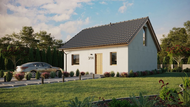 Projekt ERDOL 1 - Wersja lewa (salon po lewej stronie) - Dwuspadowy z poddaszem użytkowym – kąt nachylenia 35 stopni - Dwa okna dachowe pokojowe - Okno balkonowe w jadalni i okna na poddaszu do podłogi - Bez styropianu, siatki i kleju - Winchester - Bez instalacji fotowoltaicznej