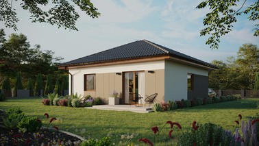 Projekt ERDOL 1 - Wersja lewa (salon po lewej stronie) - Czterospadowy bez poddasza użytkowego – kąt nachylenia 25 stopni - Bez okien/świetlików dachowych - Okna standardowe - Styropian, siatka i klej - Złoty dąb