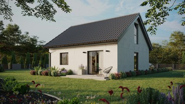 Projekt ERDOL 1 - Wersja lewa (salon po lewej stronie) - Dwuspadowy z poddaszem użytkowym – kąt nachylenia 35 stopni - Bez okien/świetlików dachowych - Okno balkonowe w jadalni i okna na poddaszu do podłogi - Bez styropianu, siatki i kleju - Antracyt - Bez instalacji fotowoltaicznej