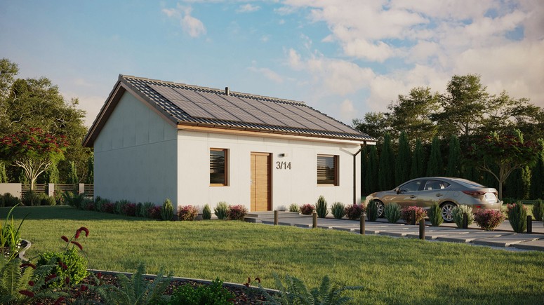 Projekt ERDOL 1 - Wersja prawa (salon po prawej stronie) - Dwuspadowy bez poddasza użytkowego – kąt nachylenia 25 stopni - Bez okien/świetlików dachowych - Okna standardowe - Bez styropianu, siatki i kleju - Złoty dąb - Instalacja fotowoltaiczna 6,4 kWp (16 paneli)