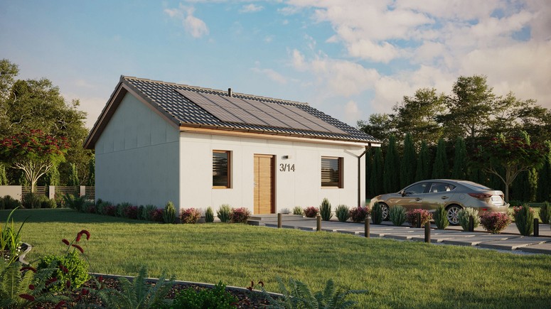 Projekt ERDOL 1 - Wersja prawa (salon po prawej stronie) - Dwuspadowy bez poddasza użytkowego – kąt nachylenia 25 stopni - Bez okien/świetlików dachowych - Okna standardowe - Bez styropianu, siatki i kleju - Złoty dąb - Instalacja fotowoltaiczna 4,8 kWp (12 paneli)