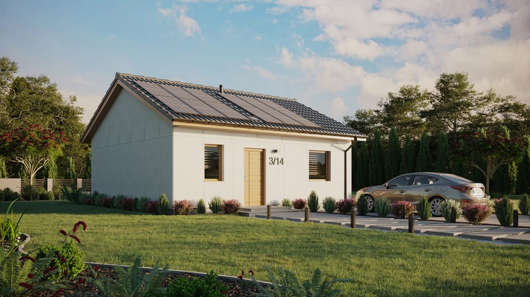 Projekt ERDOL 1 - Wersja prawa (salon po prawej stronie) - Dwuspadowy bez poddasza użytkowego – kąt nachylenia 25 stopni - Świetlik dachowy - Okna standardowe - Bez styropianu, siatki i kleju - Winchester - Instalacja fotowoltaiczna 4,8 kWp (12 paneli)