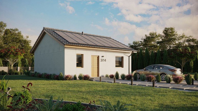 Projekt ERDOL 1 - Wersja prawa (salon po prawej stronie) - Dwuspadowy bez poddasza użytkowego – kąt nachylenia 25 stopni - Bez okien/świetlików dachowych - Okna standardowe - Bez styropianu, siatki i kleju - Winchester - Instalacja fotowoltaiczna 6,4 kWp (16 paneli)