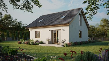 Projekt ERDOL 1 - Wersja lewa (salon po lewej stronie) - Dwuspadowy z poddaszem użytkowym – kąt nachylenia 35 stopni - Dwa okna dachowe pokojowe - Okna na poddaszu do podłogi - Bez styropianu, siatki i kleju - Winchester - Bez instalacji fotowoltaicznej