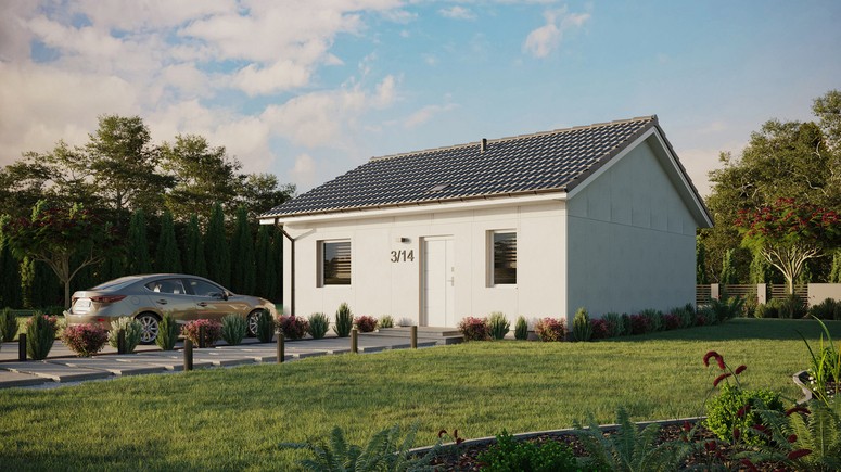 Projekt ERDOL 1 - Wersja lewa (salon po lewej stronie) - Dwuspadowy bez poddasza użytkowego – kąt nachylenia 25 stopni - Świetlik dachowy - Okna standardowe - Bez styropianu, siatki i kleju - Biały - Bez instalacji fotowoltaicznej