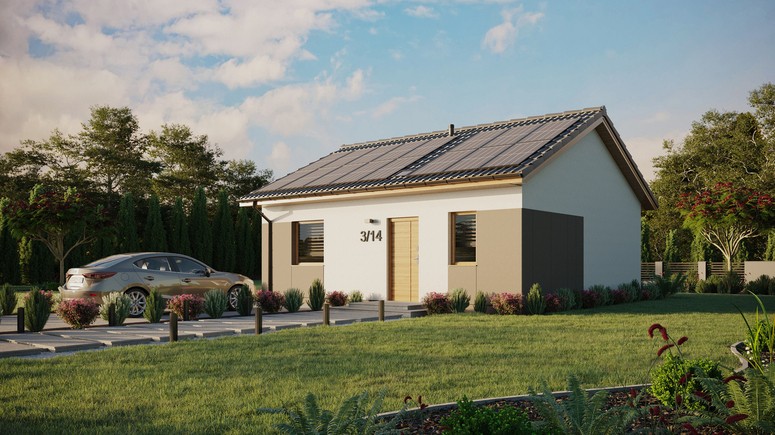 Projekt ERDOL 1 - Wersja lewa (salon po lewej stronie) - Dwuspadowy bez poddasza użytkowego – kąt nachylenia 25 stopni - Świetlik dachowy - Okna standardowe - Styropian, siatka i klej - Winchester - Instalacja fotowoltaiczna 6,4 kWp (16 paneli)