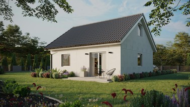 Projekt ERDOL 1 - Wersja lewa (salon po lewej stronie) - Dwuspadowy z poddaszem użytkowym – kąt nachylenia 35 stopni - Bez okien/świetlików dachowych - Okna standardowe - Bez styropianu, siatki i kleju - Biały - Bez instalacji fotowoltaicznej