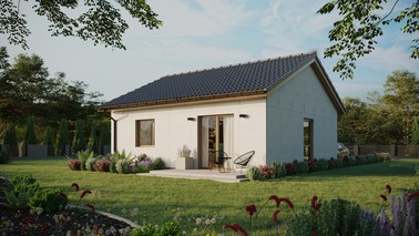 Projekt ERDOL 1 - Wersja lewa (salon po lewej stronie) - Dwuspadowy bez poddasza użytkowego – kąt nachylenia 25 stopni - Bez okien/świetlików dachowych - Okno balkonowe w jadalni - Bez styropianu, siatki i kleju - Winchester - Bez instalacji fotowoltaicznej