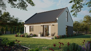 Projekt ERDOL 1 - Wersja lewa (salon po lewej stronie) - Dwuspadowy nowoczesny z poddaszem użytkowym – kąt nachylenia 35 stopni - Bez okien/świetlików dachowych - Okno balkonowe w jadalni i okna na poddaszu do podłogi - Styropian, siatka i klej - Winchester - Bez instalacji fotowoltaicznej