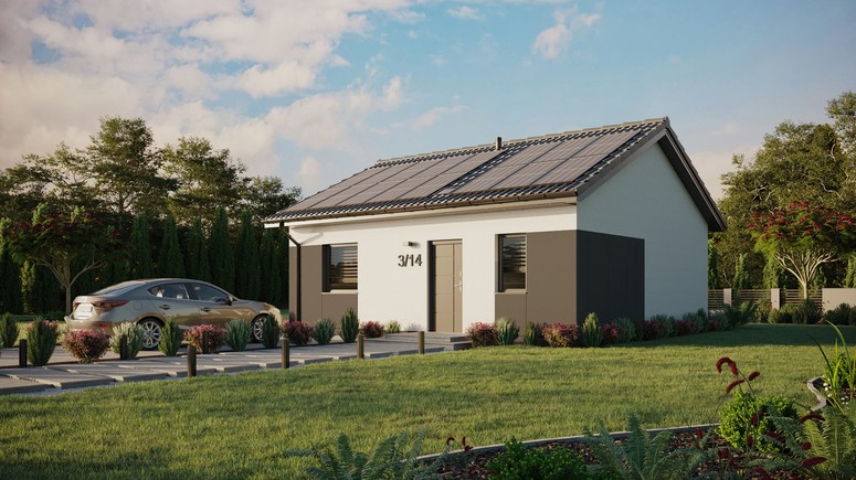 Projekt ERDOL 1 - Wersja lewa (salon po lewej stronie) - Dwuspadowy bez poddasza użytkowego – kąt nachylenia 25 stopni - Świetlik dachowy - Okno balkonowe w jadalni - Styropian, siatka i klej - Antracyt - Instalacja fotowoltaiczna 6,4 kWp (16 paneli)