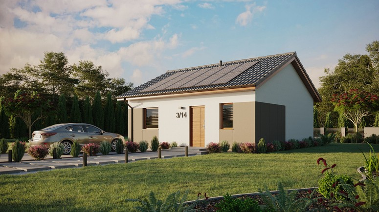 Projekt ERDOL 1 - Wersja lewa (salon po lewej stronie) - Dwuspadowy bez poddasza użytkowego – kąt nachylenia 25 stopni - Bez okien/świetlików dachowych - Okna standardowe - Styropian, siatka i klej - Złoty dąb - Instalacja fotowoltaiczna 4,8 kWp (12 paneli)