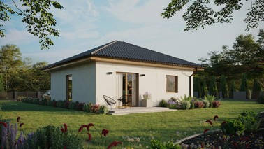 Projekt ERDOL 1 - Wersja prawa (salon po prawej stronie) - Czterospadowy bez poddasza użytkowego – kąt nachylenia 25 stopni - Bez okien/świetlików dachowych - Okno balkonowe w jadalni - Bez styropianu, siatki i kleju - Winchester