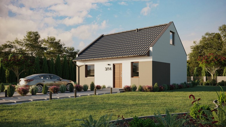 Projekt ERDOL 1 - Wersja lewa (salon po lewej stronie) - Dwuspadowy nowoczesny z poddaszem użytkowym – kąt nachylenia 35 stopni - Bez okien/świetlików dachowych - Okna standardowe - Styropian, siatka i klej - Orzech - Bez instalacji fotowoltaicznej