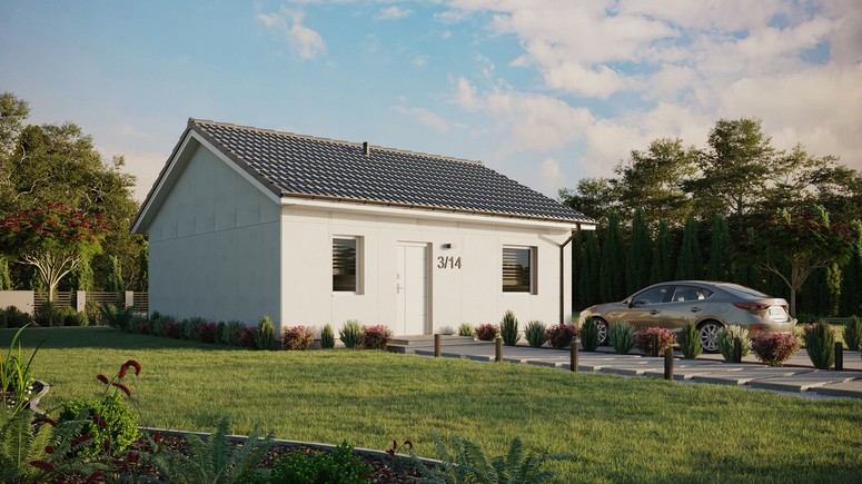 Projekt ERDOL 1 - Wersja prawa (salon po prawej stronie) - Dwuspadowy bez poddasza użytkowego – kąt nachylenia 25 stopni - Bez okien/świetlików dachowych - Okna standardowe - Bez styropianu, siatki i kleju - Biały - Bez instalacji fotowoltaicznej