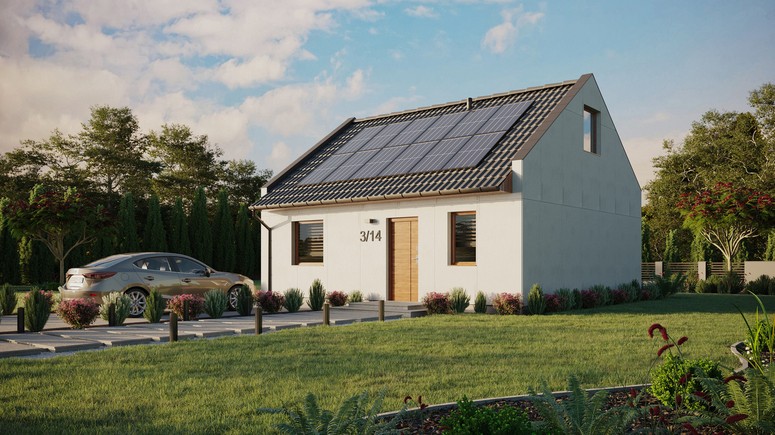 Projekt ERDOL 1 - Wersja lewa (salon po lewej stronie) - Dwuspadowy nowoczesny z poddaszem użytkowym – kąt nachylenia 35 stopni - Bez okien/świetlików dachowych - Okna standardowe - Bez styropianu, siatki i kleju - Złoty dąb - Instalacja fotowoltaiczna 4,8 kWp (12 paneli)