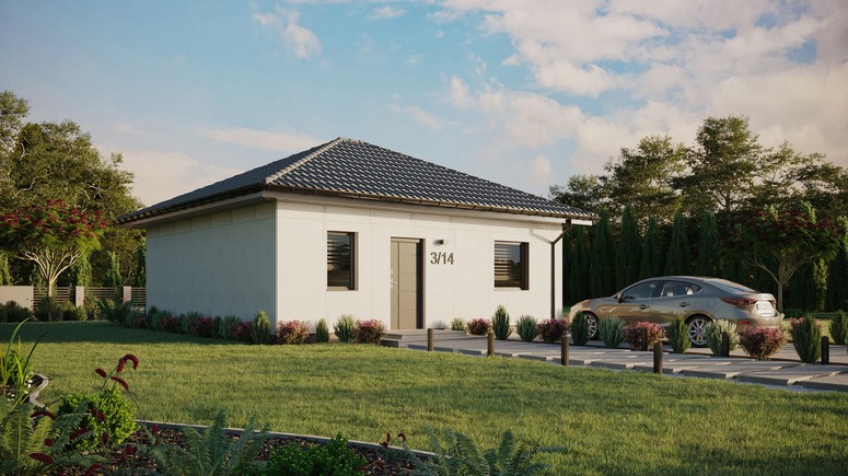 Projekt ERDOL 1 - Wersja prawa (salon po prawej stronie) - Czterospadowy bez poddasza użytkowego – kąt nachylenia 25 stopni - Bez okien/świetlików dachowych - Okna standardowe - Bez styropianu, siatki i kleju - Antracyt