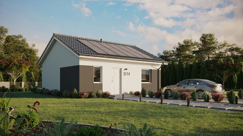 Projekt ERDOL 1 - Wersja prawa (salon po prawej stronie) - Dwuspadowy bez poddasza użytkowego – kąt nachylenia 25 stopni - Bez okien/świetlików dachowych - Okna standardowe - Styropian, siatka i klej - Biały - Instalacja fotowoltaiczna 4,8 kWp (12 paneli)