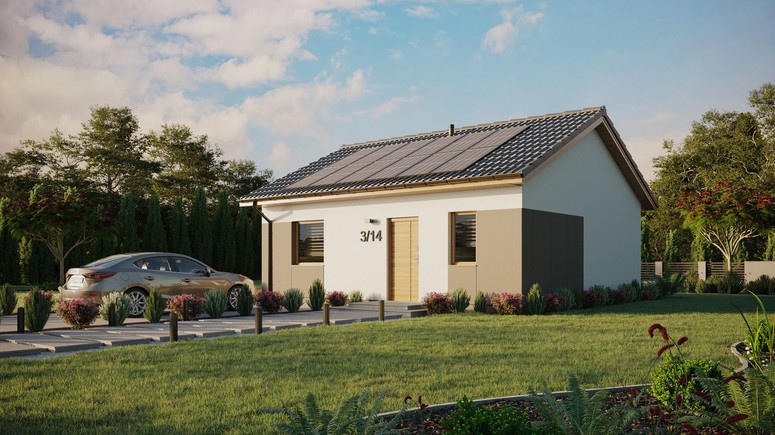 Projekt ERDOL 1 - Wersja lewa (salon po lewej stronie) - Dwuspadowy bez poddasza użytkowego – kąt nachylenia 25 stopni - Bez okien/świetlików dachowych - Okna standardowe - Styropian, siatka i klej - Winchester - Instalacja fotowoltaiczna 4,8 kWp (12 paneli)