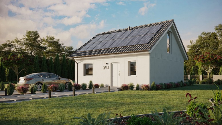 Projekt ERDOL 1 - Wersja lewa (salon po lewej stronie) - Dwuspadowy z poddaszem użytkowym – kąt nachylenia 35 stopni - Bez okien/świetlików dachowych - Okno balkonowe w jadalni i okna na poddaszu do podłogi - Bez styropianu, siatki i kleju - Biały - Instalacja fotowoltaiczna 6,4 kWp (16 paneli)