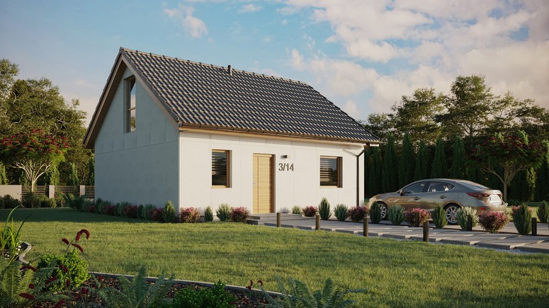 Projekt ERDOL 1 - Wersja prawa (salon po prawej stronie) - Dwuspadowy z poddaszem użytkowym – kąt nachylenia 35 stopni - Bez okien/świetlików dachowych - Okno balkonowe w jadalni i okna na poddaszu do podłogi - Bez styropianu, siatki i kleju - Winchester - Bez instalacji fotowoltaicznej