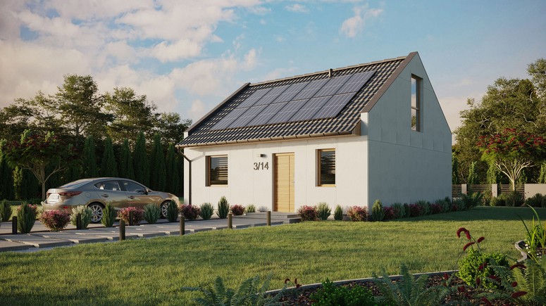 Projekt ERDOL 1 - Wersja lewa (salon po lewej stronie) - Dwuspadowy nowoczesny z poddaszem użytkowym – kąt nachylenia 35 stopni - Bez okien/świetlików dachowych - Okno balkonowe w jadalni i okna na poddaszu do podłogi - Bez styropianu, siatki i kleju - Winchester - Instalacja fotowoltaiczna 4,8 kWp (12 paneli)