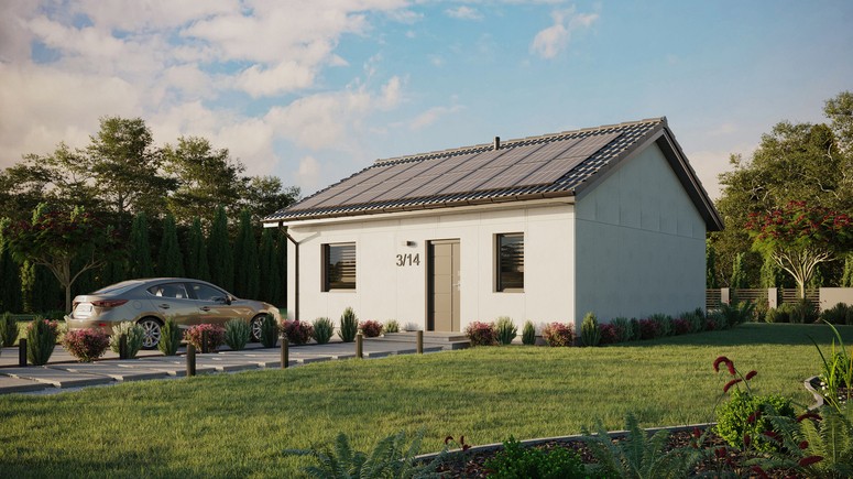 Projekt ERDOL 1 - Wersja lewa (salon po lewej stronie) - Dwuspadowy bez poddasza użytkowego – kąt nachylenia 25 stopni - Bez okien/świetlików dachowych - Okna standardowe - Bez styropianu, siatki i kleju - Antracyt - Instalacja fotowoltaiczna 6,4 kWp (16 paneli)