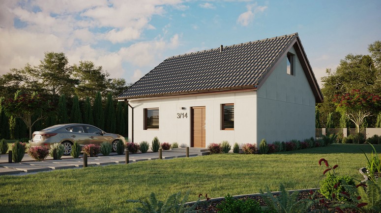 Projekt ERDOL 1 - Wersja lewa (salon po lewej stronie) - Dwuspadowy z poddaszem użytkowym – kąt nachylenia 35 stopni - Bez okien/świetlików dachowych - Okna standardowe - Bez styropianu, siatki i kleju - Orzech - Bez instalacji fotowoltaicznej