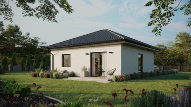 Projekt ERDOL 1 - Wersja lewa (salon po lewej stronie) - Czterospadowy bez poddasza użytkowego – kąt nachylenia 25 stopni - Bez okien/świetlików dachowych - Okno balkonowe w jadalni - Bez styropianu, siatki i kleju - Antracyt