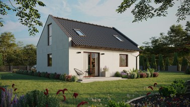 Projekt ERDOL 1 - Wersja prawa (salon po prawej stronie) - Dwuspadowy nowoczesny z poddaszem użytkowym – kąt nachylenia 35 stopni - Dwa okna dachowe pokojowe - Okna na poddaszu do podłogi - Bez styropianu, siatki i kleju - Orzech - Bez instalacji fotowoltaicznej