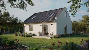 Projekt ERDOL 1 - Wersja lewa (salon po lewej stronie) - Dwuspadowy nowoczesny z poddaszem użytkowym – kąt nachylenia 35 stopni - Dwa okna dachowe pokojowe - Okno balkonowe w jadalni - Bez styropianu, siatki i kleju - Biały - Bez instalacji fotowoltaicznej