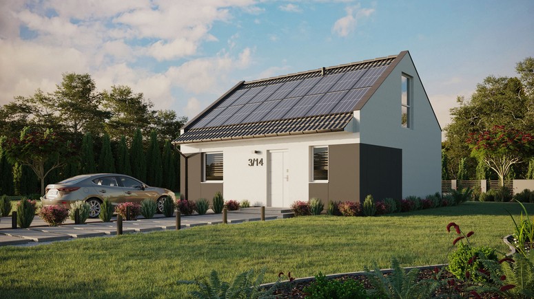 Projekt ERDOL 1 - Wersja lewa (salon po lewej stronie) - Dwuspadowy nowoczesny z poddaszem użytkowym – kąt nachylenia 35 stopni - Bez okien/świetlików dachowych - Okna na poddaszu do podłogi - Styropian, siatka i klej - Biały - Instalacja fotowoltaiczna 6,4 kWp (16 paneli)