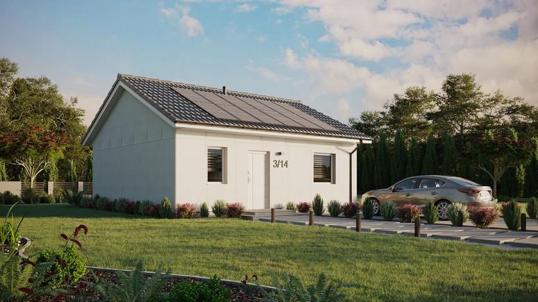 Projekt ERDOL 1 - Wersja prawa (salon po prawej stronie) - Dwuspadowy bez poddasza użytkowego – kąt nachylenia 25 stopni - Bez okien/świetlików dachowych - Okna standardowe - Bez styropianu, siatki i kleju - Biały - Instalacja fotowoltaiczna 4,8 kWp (12 paneli)