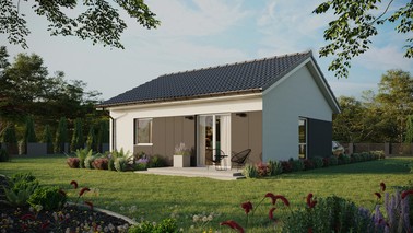 Projekt ERDOL 1 - Wersja lewa (salon po lewej stronie) - Dwuspadowy bez poddasza użytkowego – kąt nachylenia 25 stopni - Bez okien/świetlików dachowych - Okno balkonowe w jadalni - Styropian, siatka i klej - Biały - Bez instalacji fotowoltaicznej