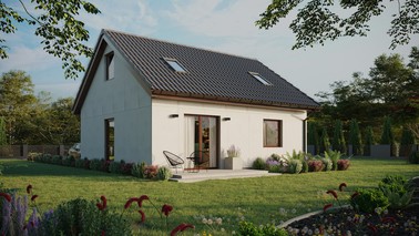 Projekt ERDOL 1 - Wersja prawa (salon po prawej stronie) - Dwuspadowy z poddaszem użytkowym – kąt nachylenia 35 stopni - Dwa okna dachowe pokojowe - Okno balkonowe w jadalni - Bez styropianu, siatki i kleju - Orzech - Bez instalacji fotowoltaicznej