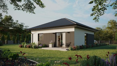 Projekt ERDOL 1 - Wersja lewa (salon po lewej stronie) - Czterospadowy bez poddasza użytkowego – kąt nachylenia 25 stopni - Bez okien/świetlików dachowych - Okno balkonowe w jadalni - Styropian, siatka i klej - Antracyt