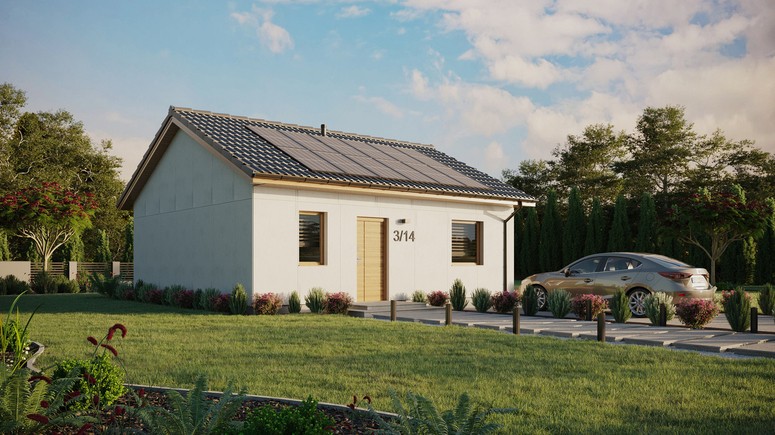 Projekt ERDOL 1 - Wersja prawa (salon po prawej stronie) - Dwuspadowy bez poddasza użytkowego – kąt nachylenia 25 stopni - Bez okien/świetlików dachowych - Okna standardowe - Bez styropianu, siatki i kleju - Winchester - Instalacja fotowoltaiczna 4,8 kWp (12 paneli)